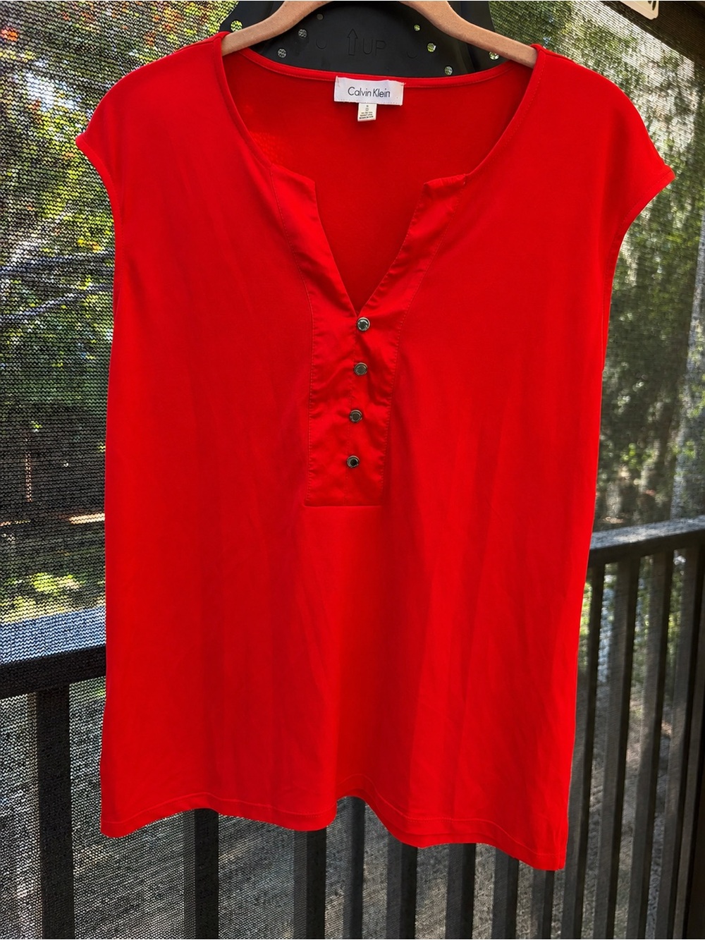 Calvin Klein Bright Red Cap Sleeve Button Henley Top